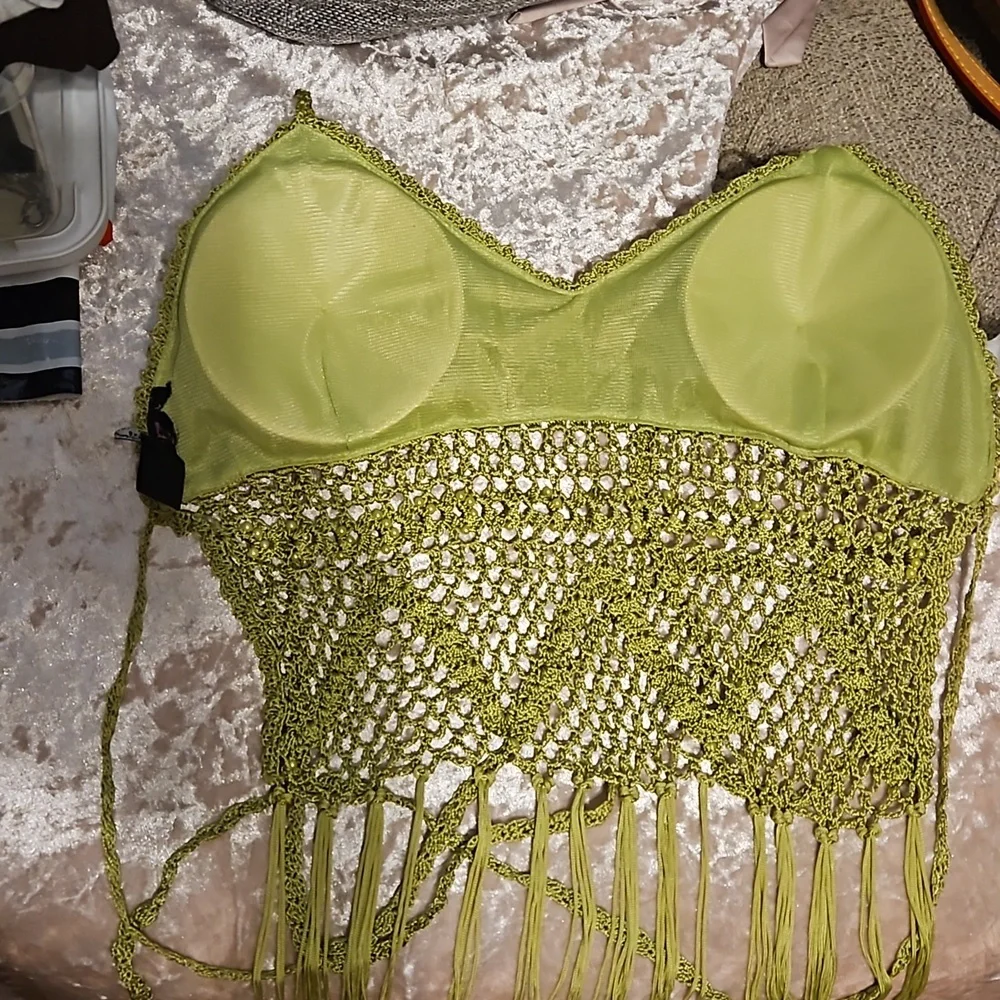 AMERICAN JEANS GREEN BEADED CROCHET CROP TOP SIZE S - Picture 6 of 7